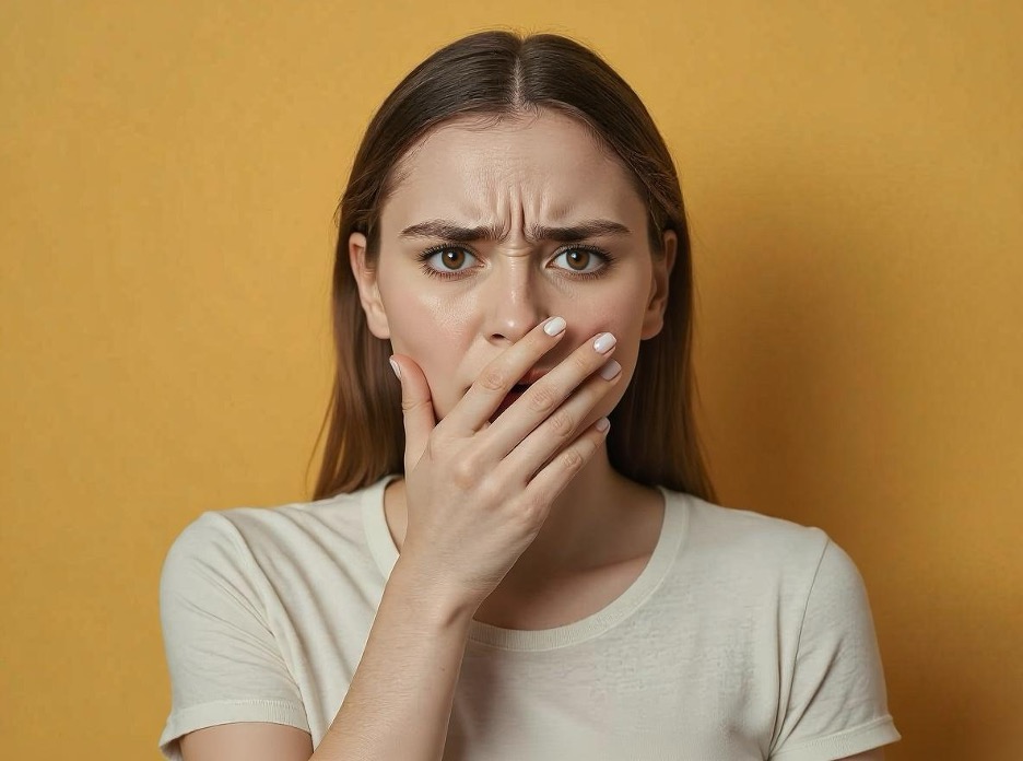 Άτομο που καλύπτει διακριτικά το στόμα του, υπονοώντας κακή αναπνοή – οδοντιατρική συμβουλή και στοματική υγιεινή.»
