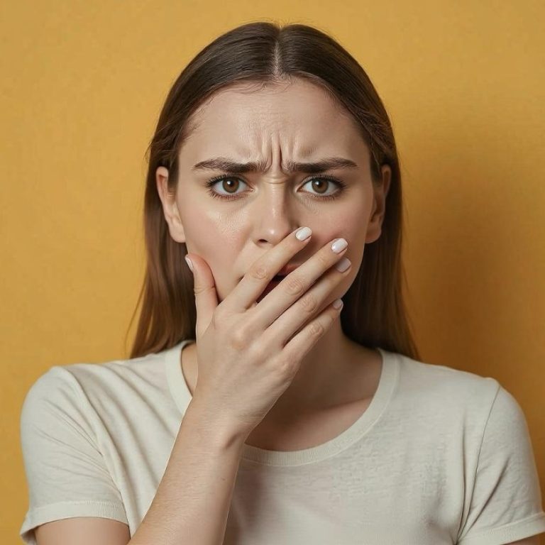 Άτομο που καλύπτει διακριτικά το στόμα του, υπονοώντας κακή αναπνοή – οδοντιατρική συμβουλή και στοματική υγιεινή.»
